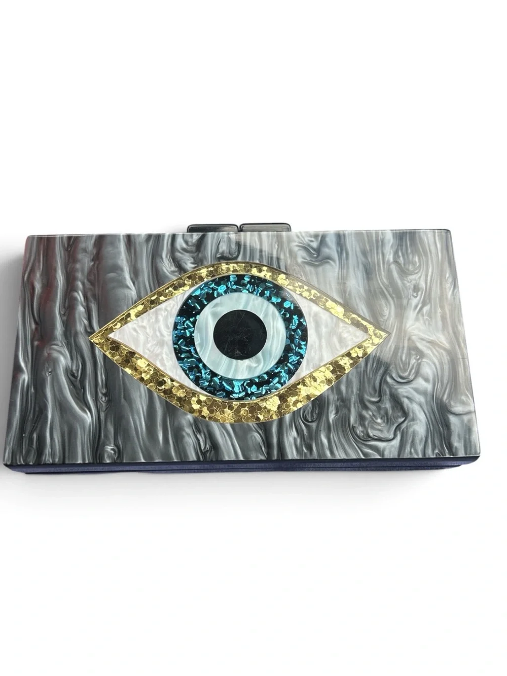Evil Eye Acrylic Clutch in Gray with Gold and Blue Accents